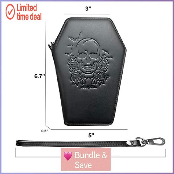 Gothic Coffin Wallet with Wristlet Strap, Vegan Faux Leather, 6 Compartments - Picture 4 of 7
